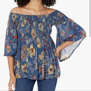 Smocked Off Shoulder Floral Print Top